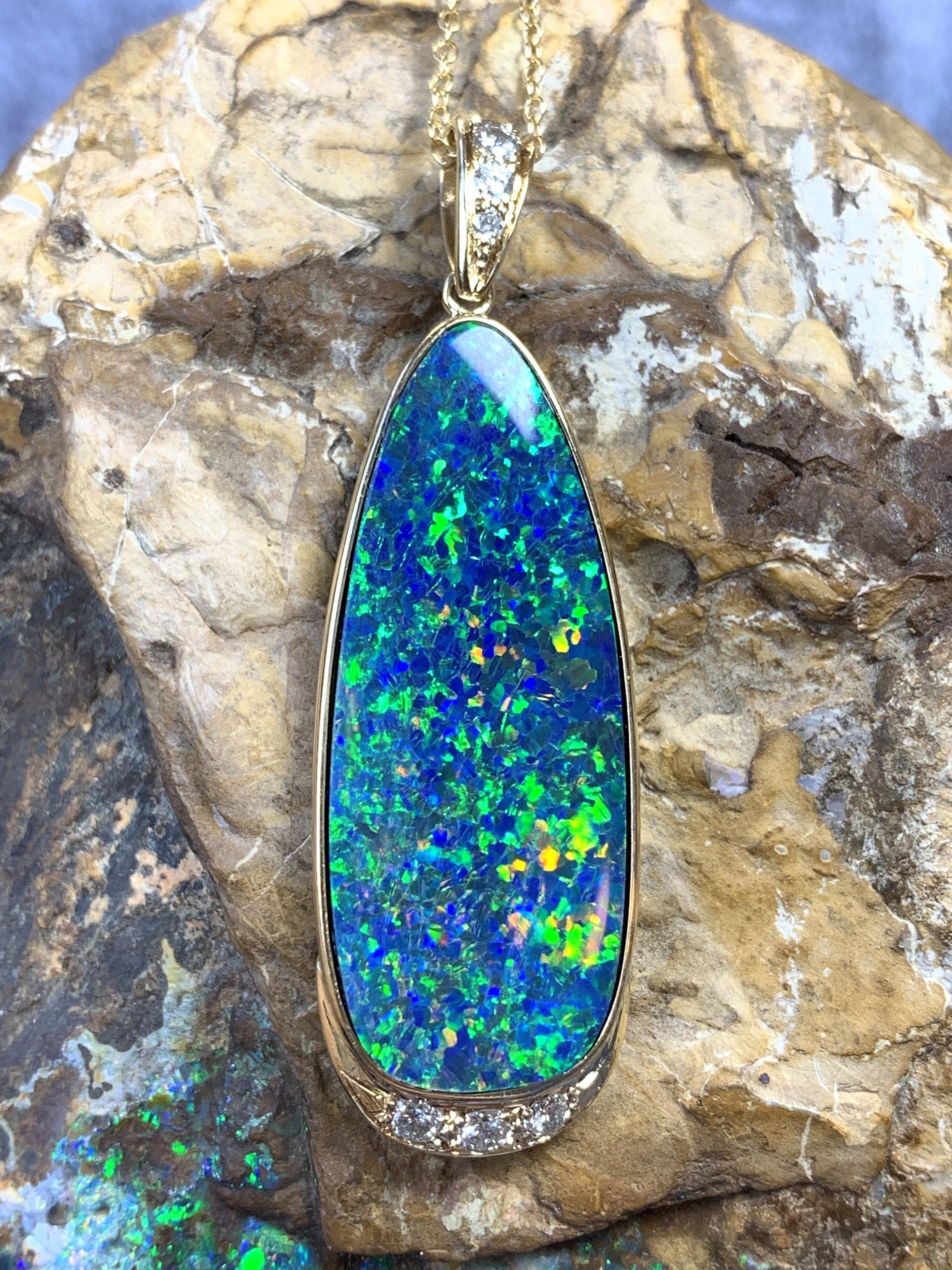 14kt Yellow Gold 12.77ct Opal doublet and Diamond pendant - Masterpiece Jewellery Opal & Gems Sydney Australia | Online Shop