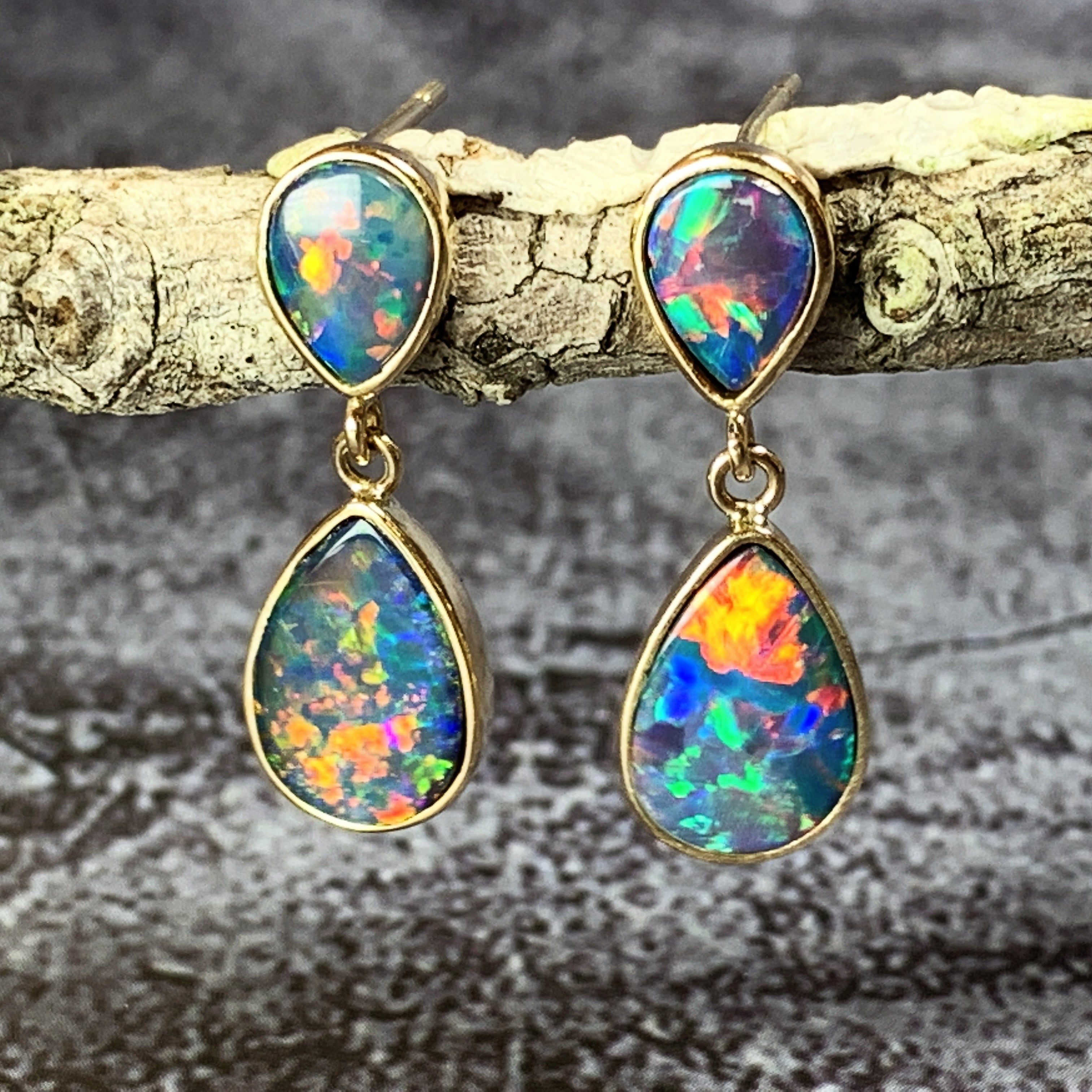 14kt Yellow Gold dangling Fire Opal doublet earrings 3.17ct - Masterpiece Jewellery Opal & Gems Sydney Australia | Online Shop