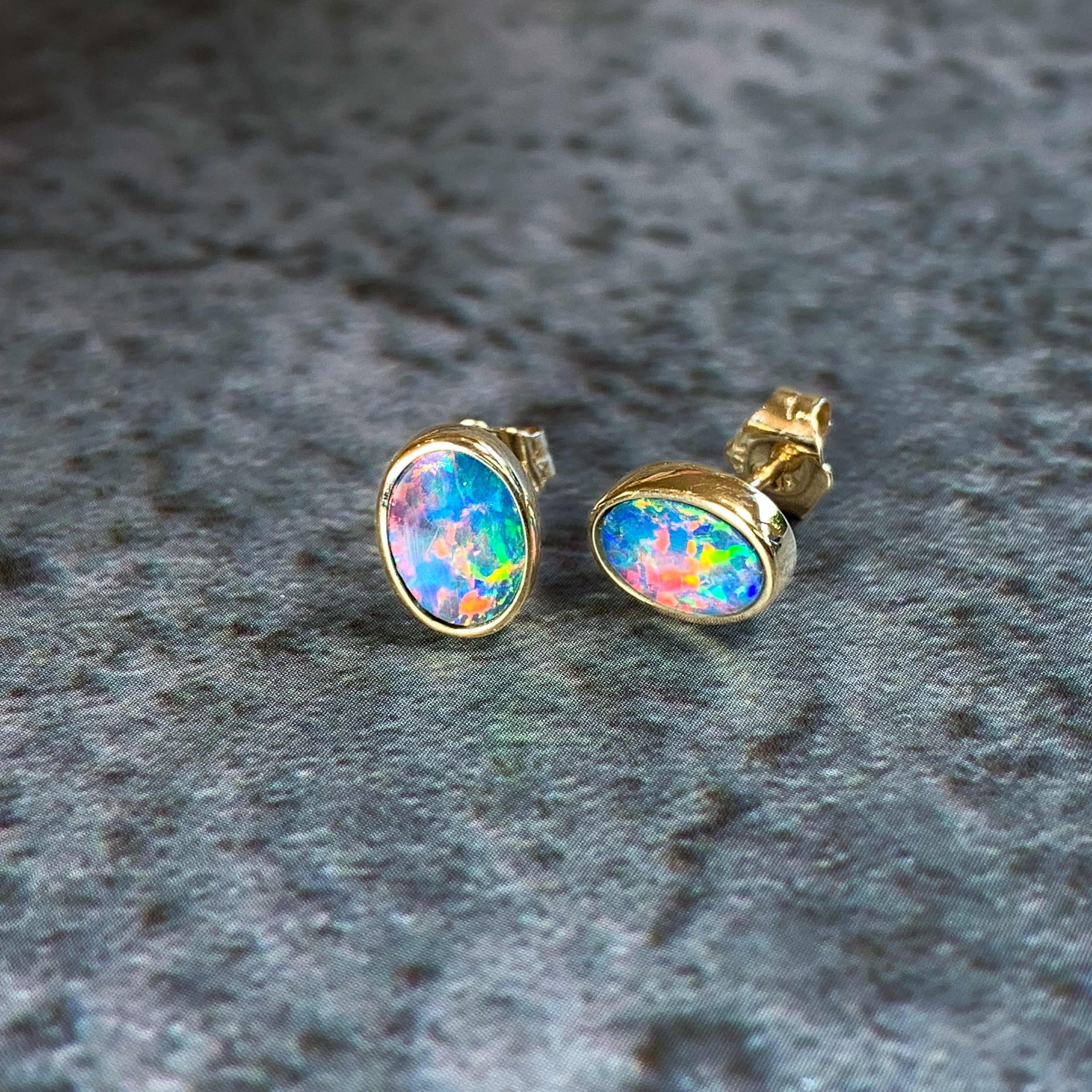 9kt Yellow Gold pairof bezel 7x5mm Opal earring studs - Masterpiece Jewellery Opal & Gems Sydney Australia | Online Shop