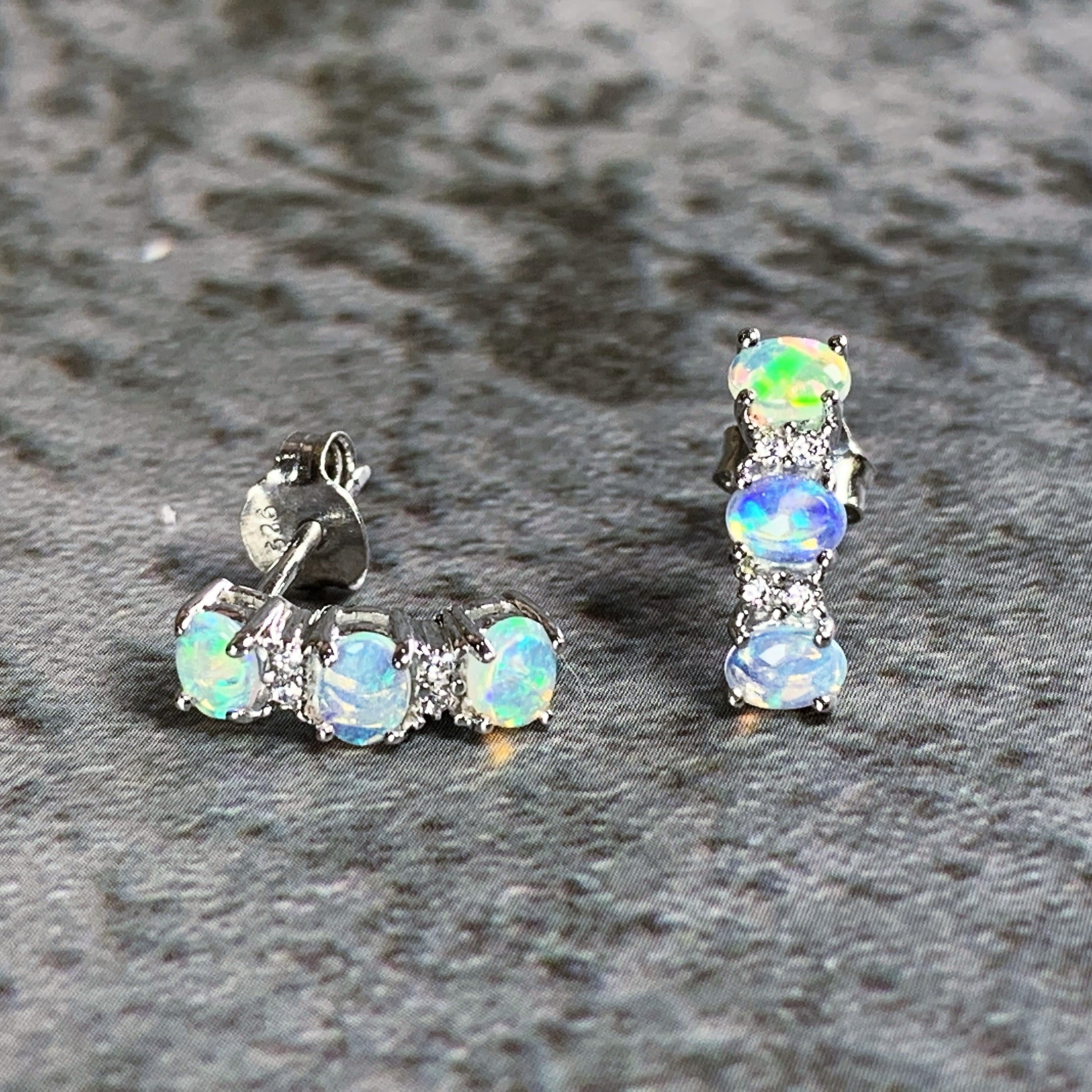 Sterling Silver Opal earrings 4x3mm alternating huggie style drops - Masterpiece Jewellery Opal & Gems Sydney Australia | Online Shop