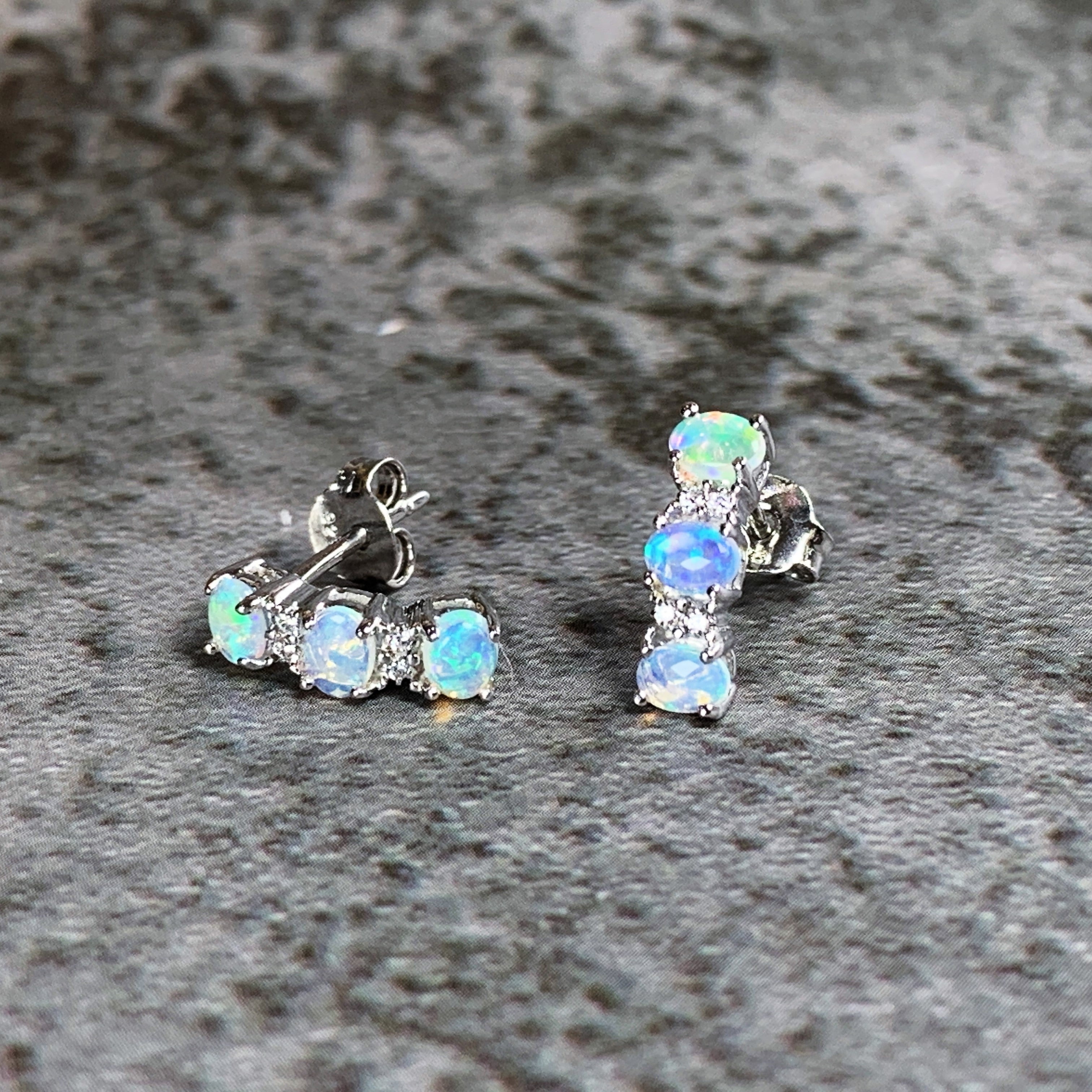 Sterling Silver Opal earrings 4x3mm alternating huggie style drops - Masterpiece Jewellery Opal & Gems Sydney Australia | Online Shop