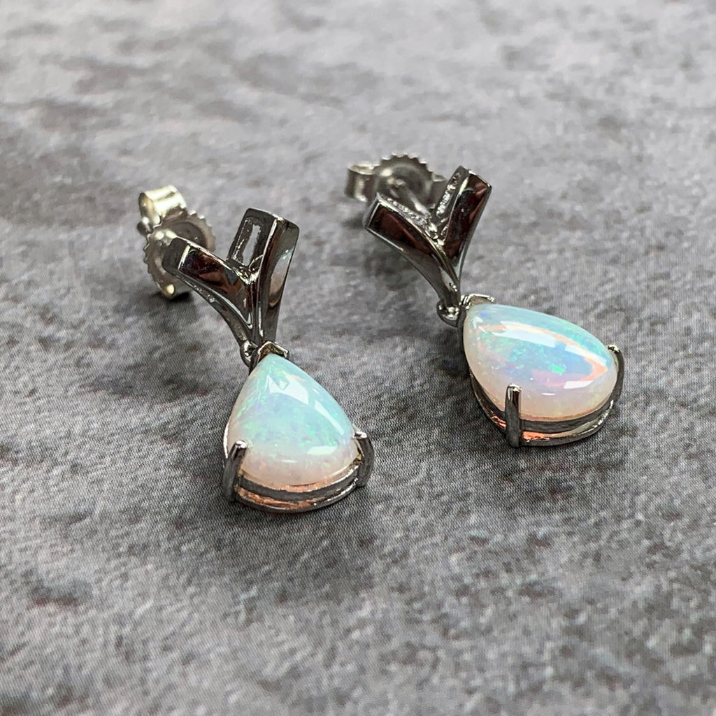 Sterling Silver Opal Pear shape earrings short drop on V shape studs - Masterpiece Jewellery Opal & Gems Sydney Australia | Online Shop