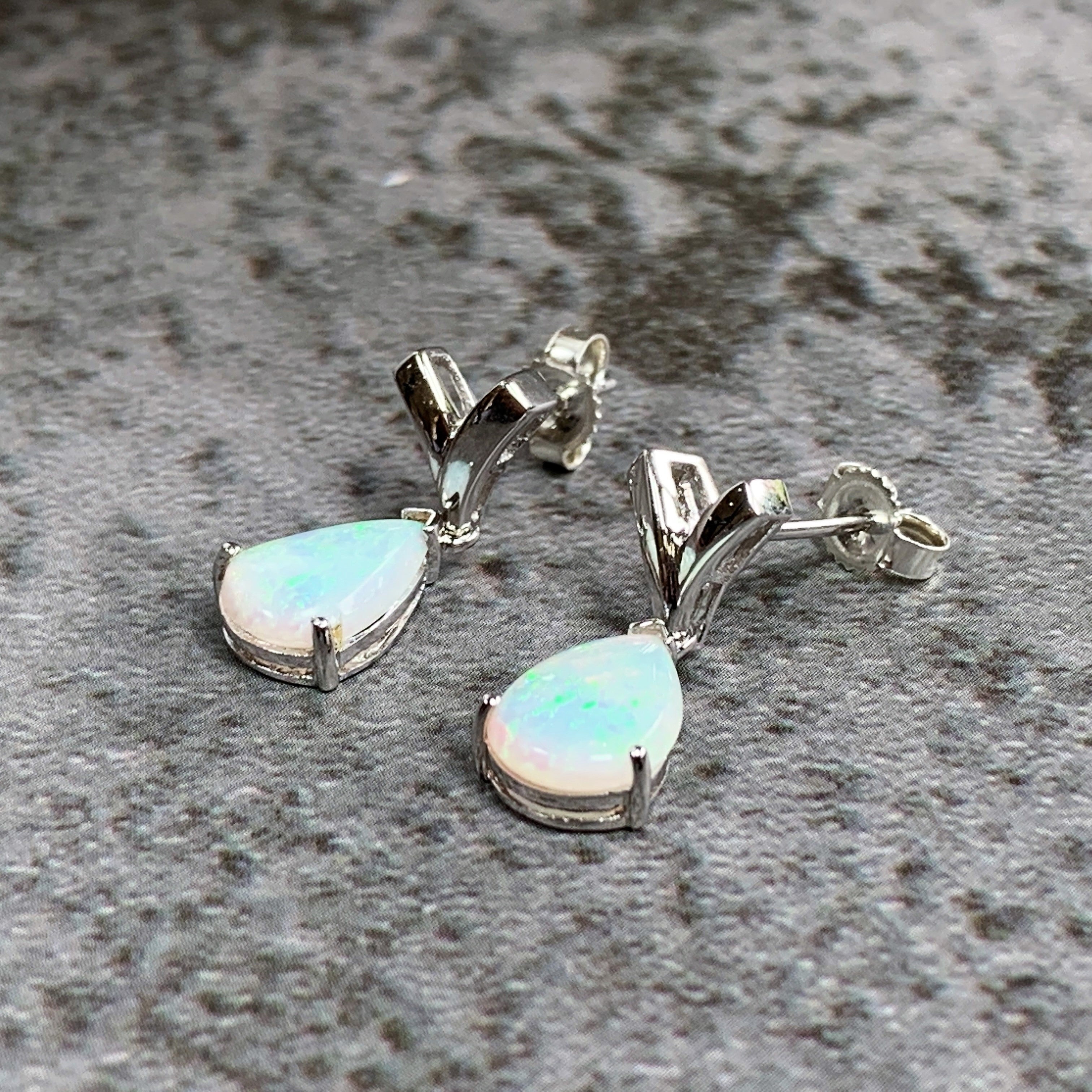 Sterling Silver Opal Pear shape earrings short drop on V shape studs - Masterpiece Jewellery Opal & Gems Sydney Australia | Online Shop