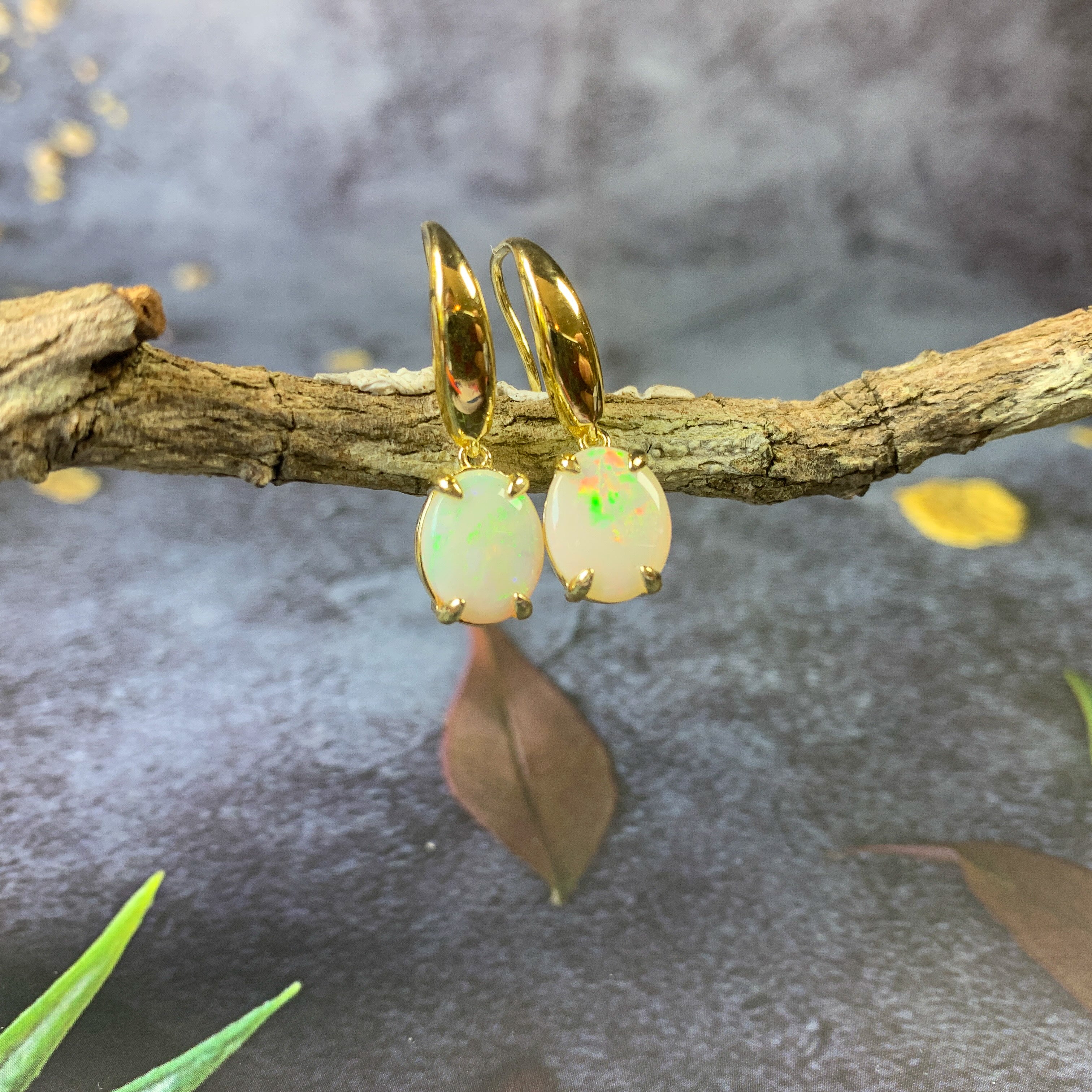 Sterling Silver Gold plated dangling 10x8mm White Opal earrings - Masterpiece Jewellery Opal & Gems Sydney Australia | Online Shop