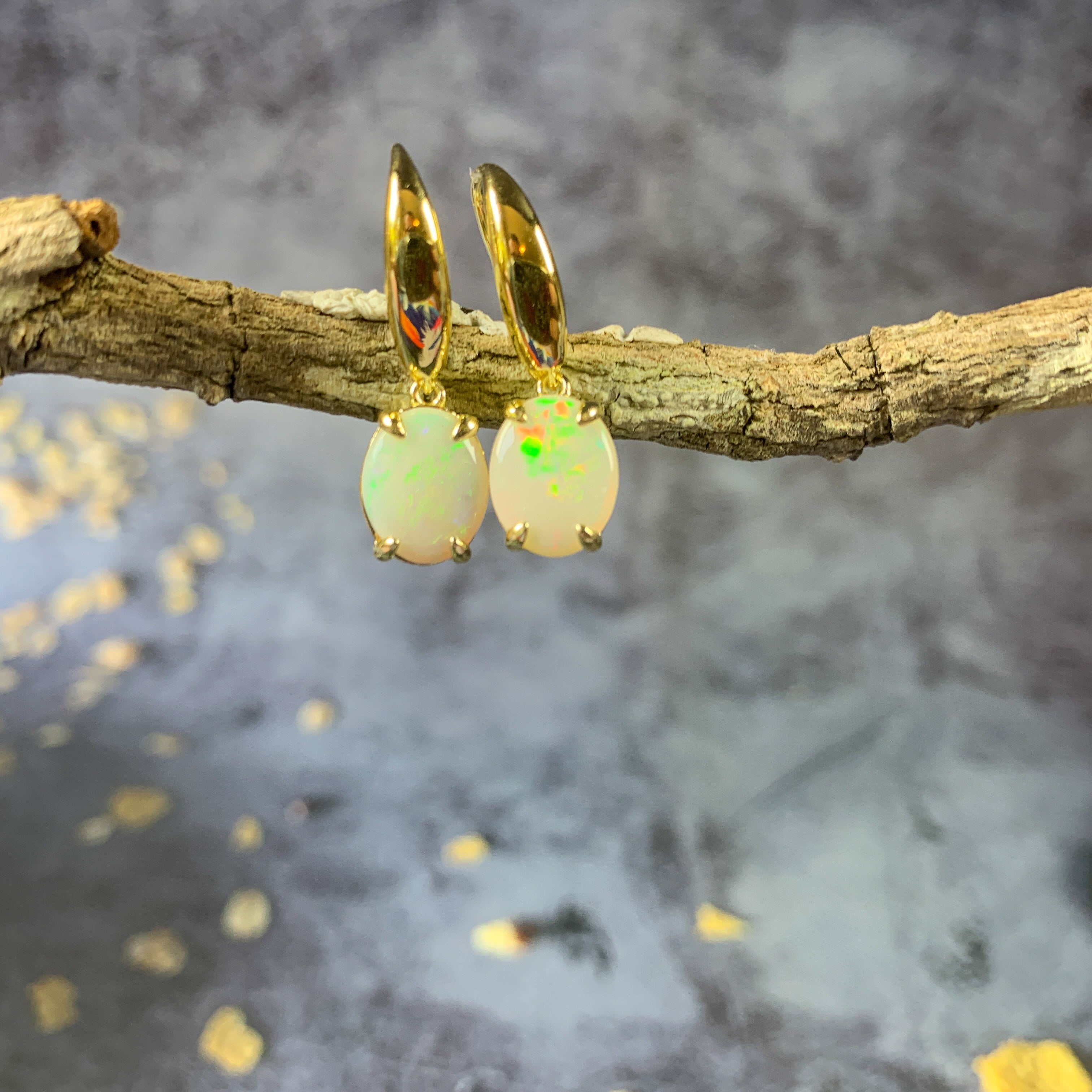 Sterling Silver Gold plated dangling 10x8mm White Opal earrings - Masterpiece Jewellery Opal & Gems Sydney Australia | Online Shop