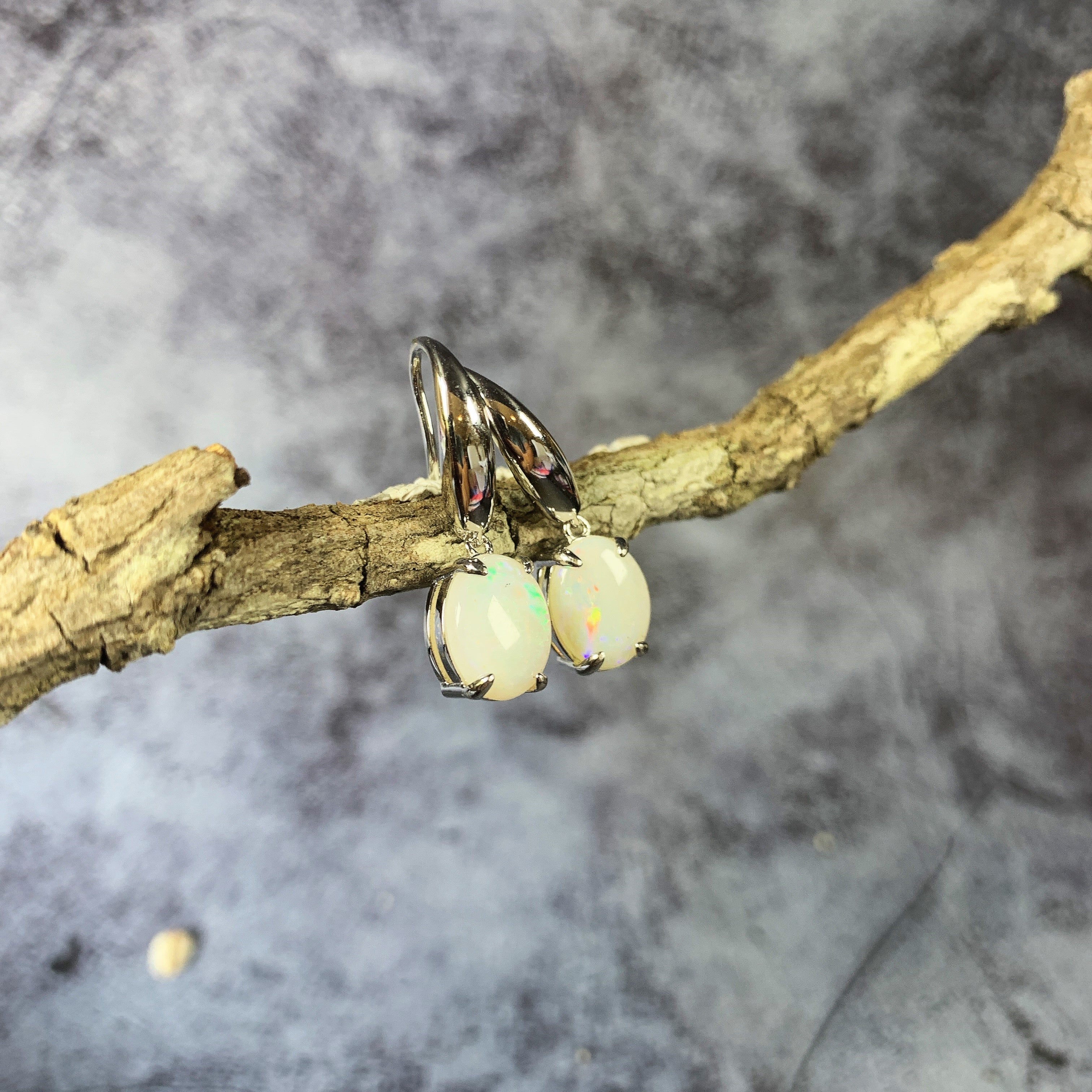 One Sterling Silver pair of dangling White 10x8mm Opals with hooks - Masterpiece Jewellery Opal & Gems Sydney Australia | Online Shop
