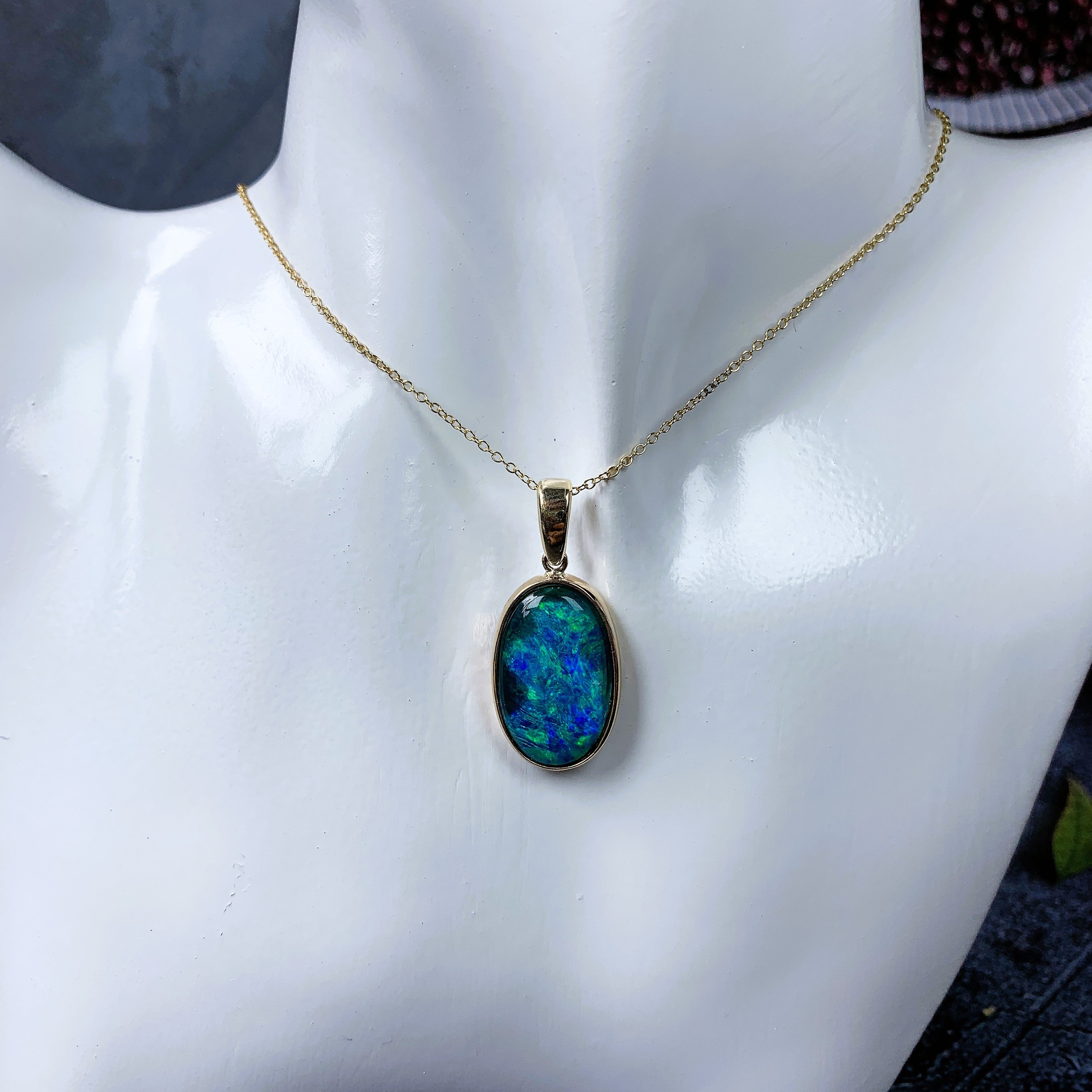 One 9kt Yellow Gold 21x13mm Opal triplet blue green colour - Masterpiece Jewellery Opal & Gems Sydney Australia | Online Shop