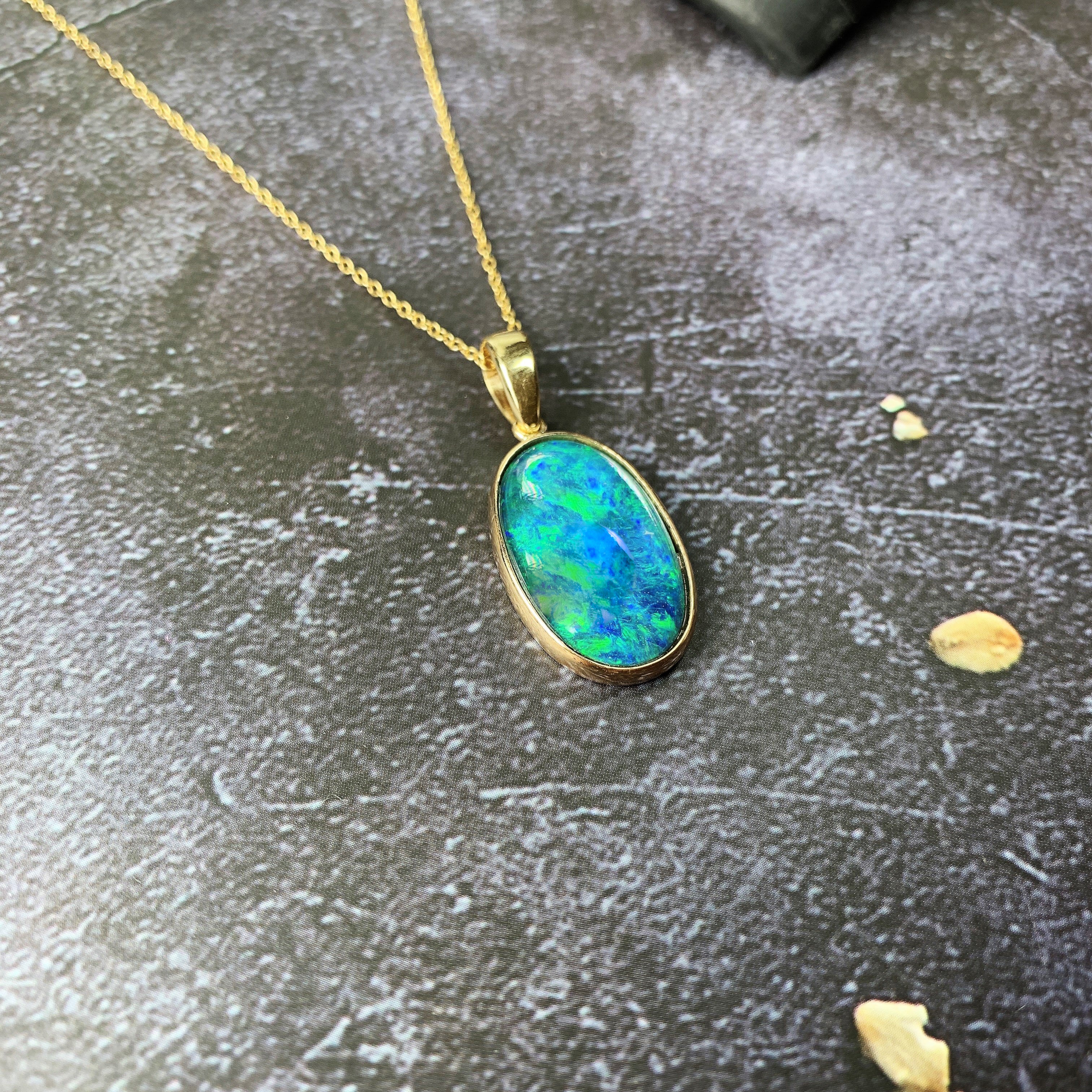One 9kt Yellow Gold 21x13mm Opal triplet blue green colour - Masterpiece Jewellery Opal & Gems Sydney Australia | Online Shop