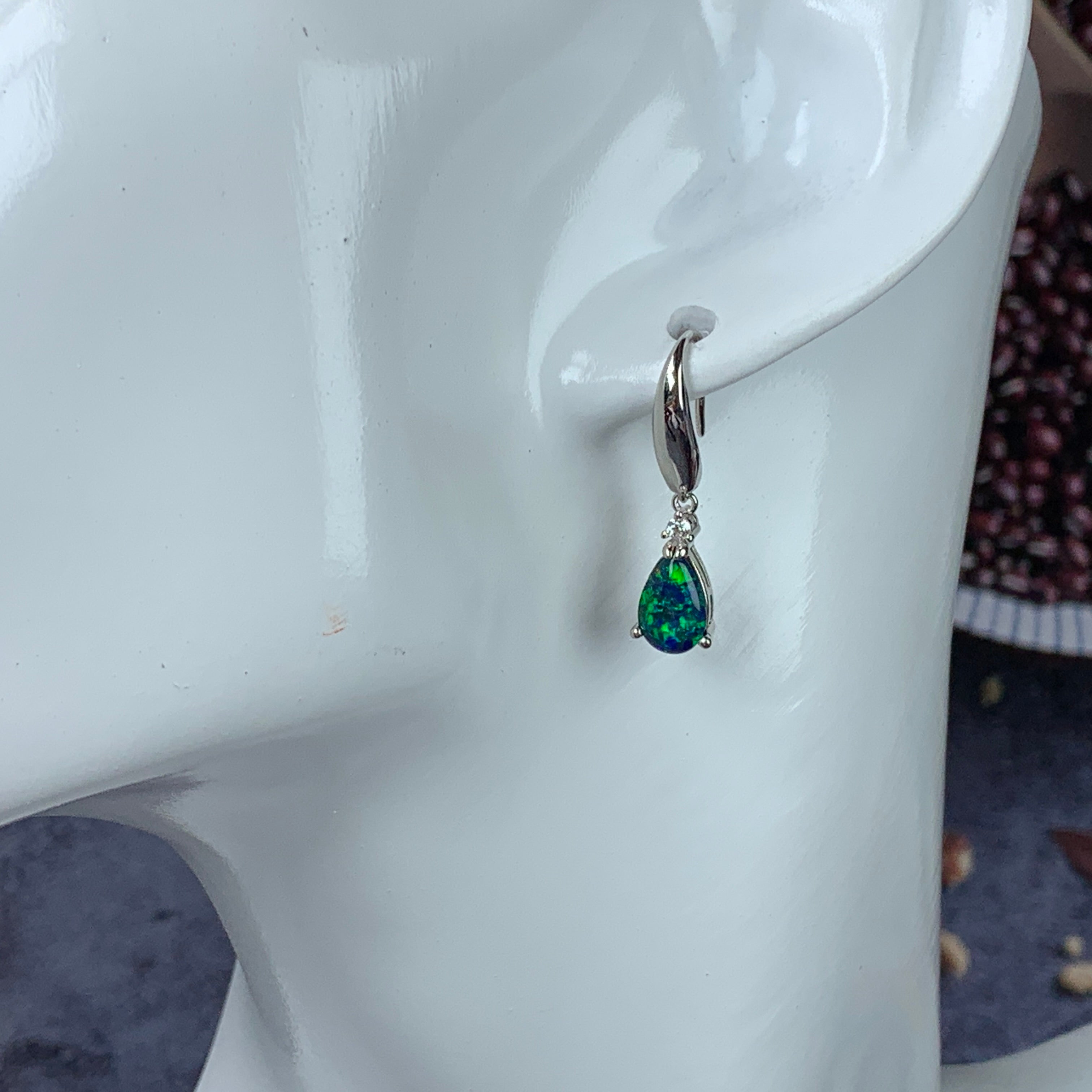 Sterling Silver 9x6mm pear shape Opal triplets dangling earrings with cubic zirconia - Masterpiece Jewellery Opal & Gems Sydney Australia | Online Shop