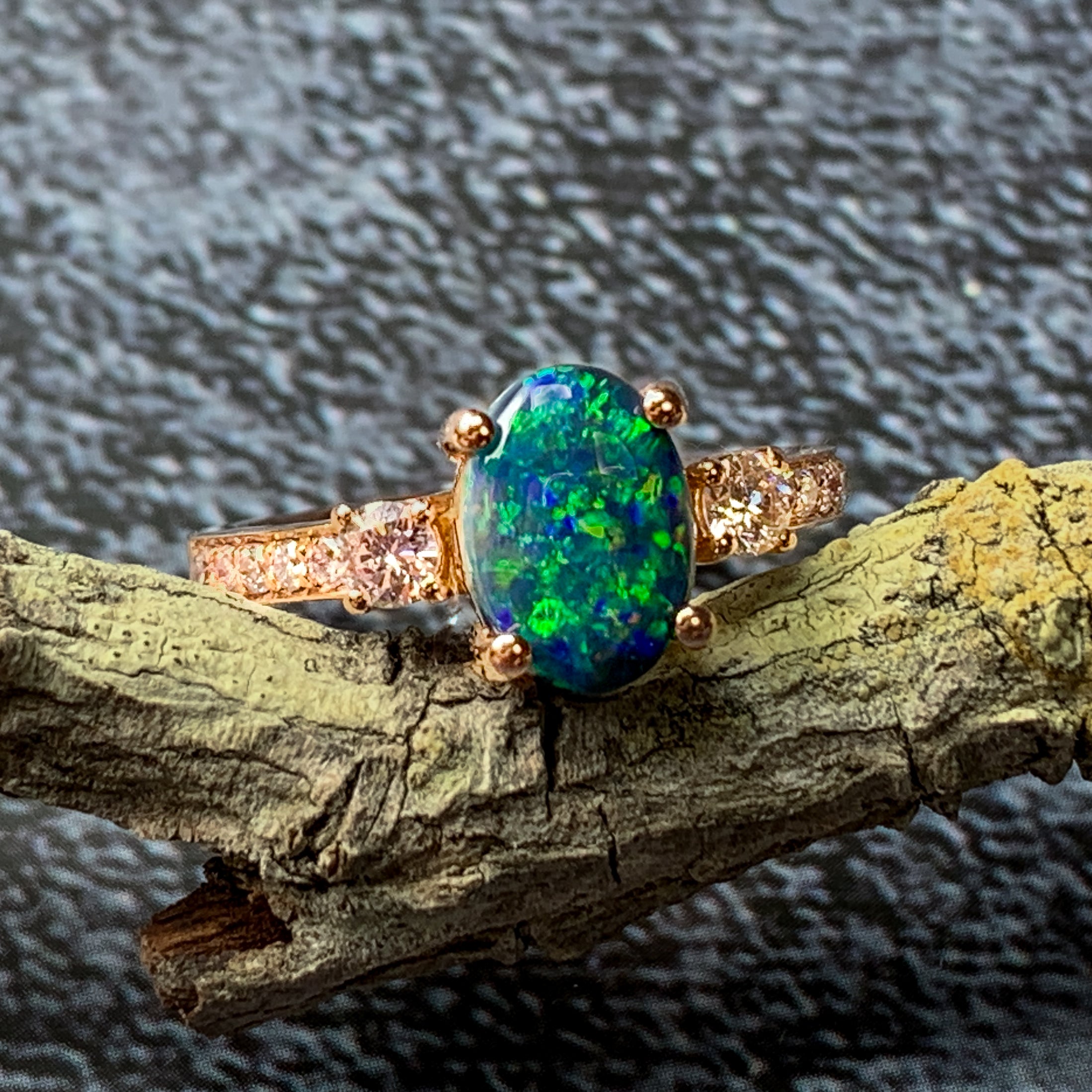 18kt Rose Gold ring set with one 1.63ct Black Opal and 0.38ct Pink Diamonds - Masterpiece Jewellery Opal & Gems Sydney Australia | Online Shop