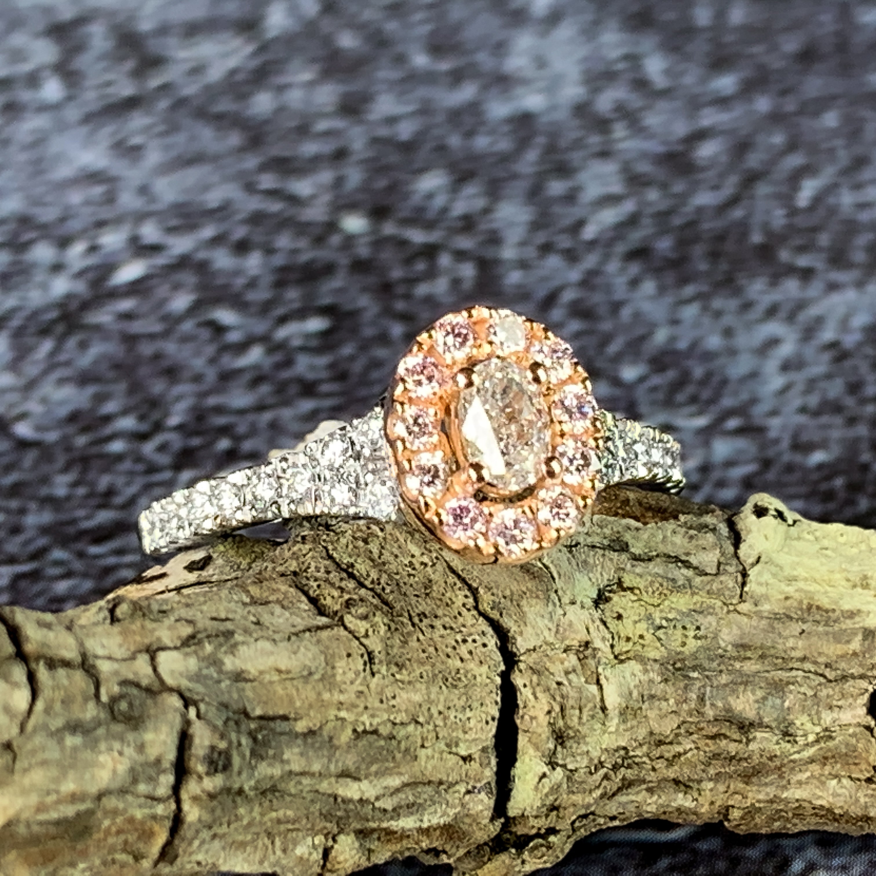 Platinum and 18kt Rose Gold cluster halo design ring with Pink and White Diamonds - Masterpiece Jewellery Opal & Gems Sydney Australia | Online Shop