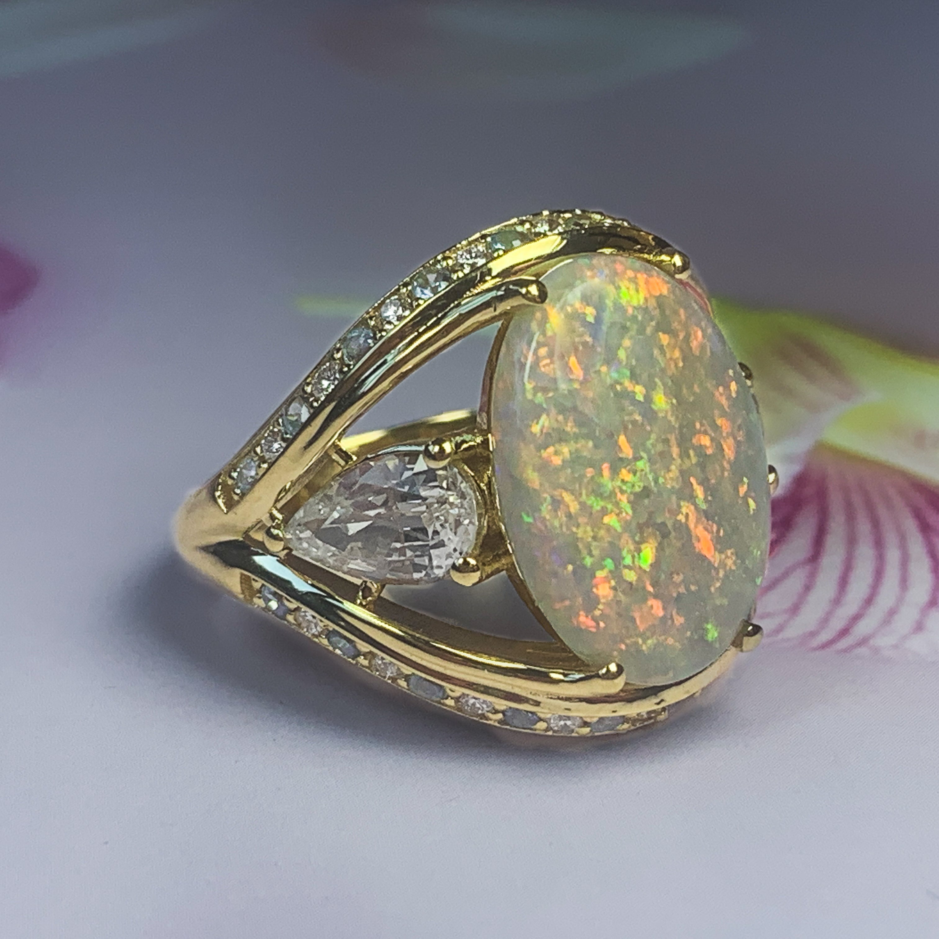 18kt Yellow Gold Black Opal, Sapphire, Aquamarine and Diamond ring - Masterpiece Jewellery Opal & Gems Sydney Australia | Online Shop
