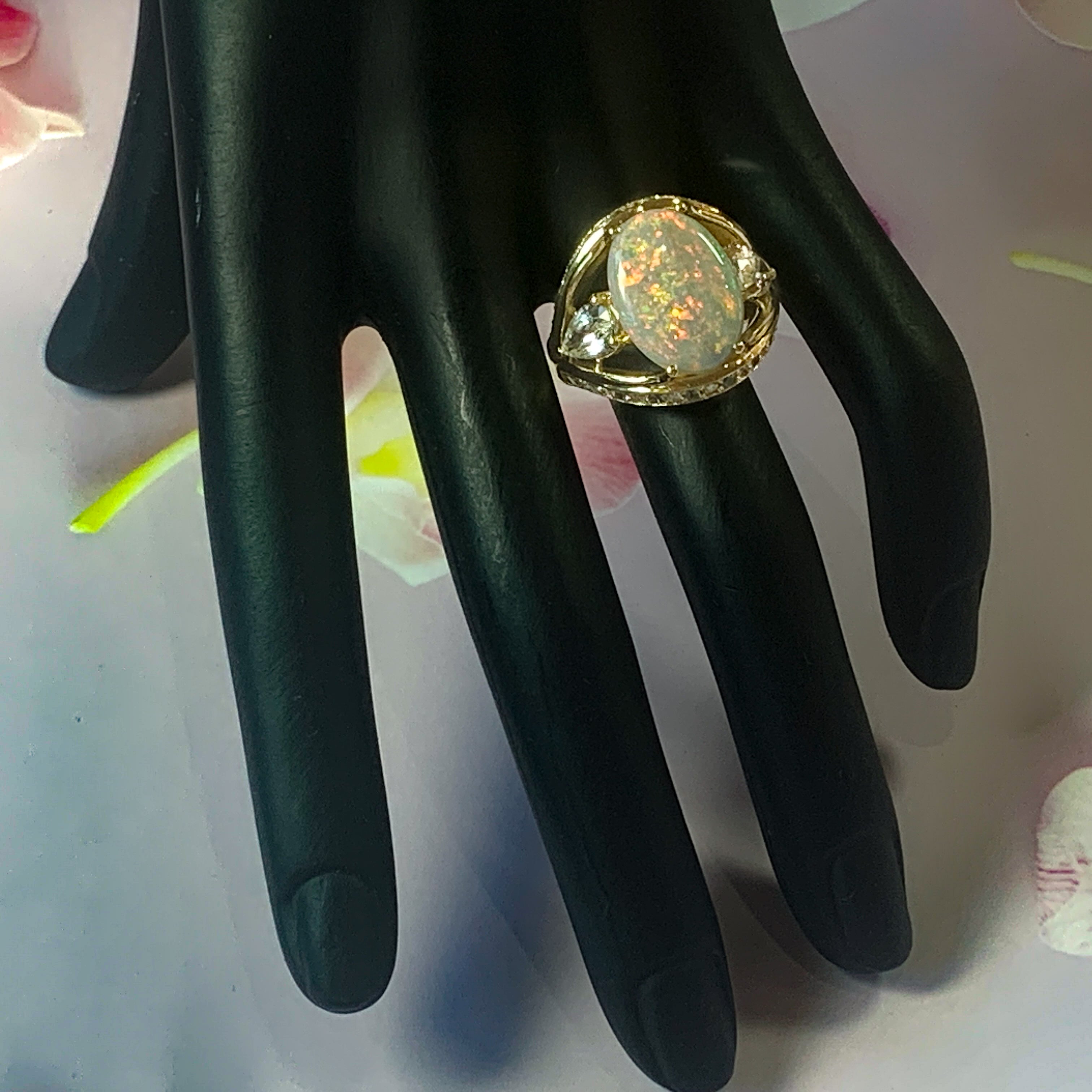 18kt Yellow Gold Black Opal, Sapphire, Aquamarine and Diamond ring - Masterpiece Jewellery Opal & Gems Sydney Australia | Online Shop