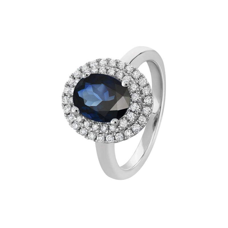 18kt White Gold double Halo Australian Sapphire and Diamond ring - Masterpiece Jewellery Opal & Gems Sydney Australia | Online Shop
