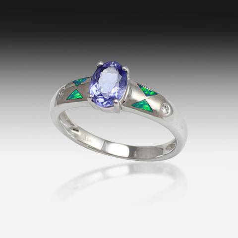 14kt White Gold ring with Tanzanite, Diamonds and Opal - Masterpiece Jewellery Opal & Gems Sydney Australia | Online Shop
