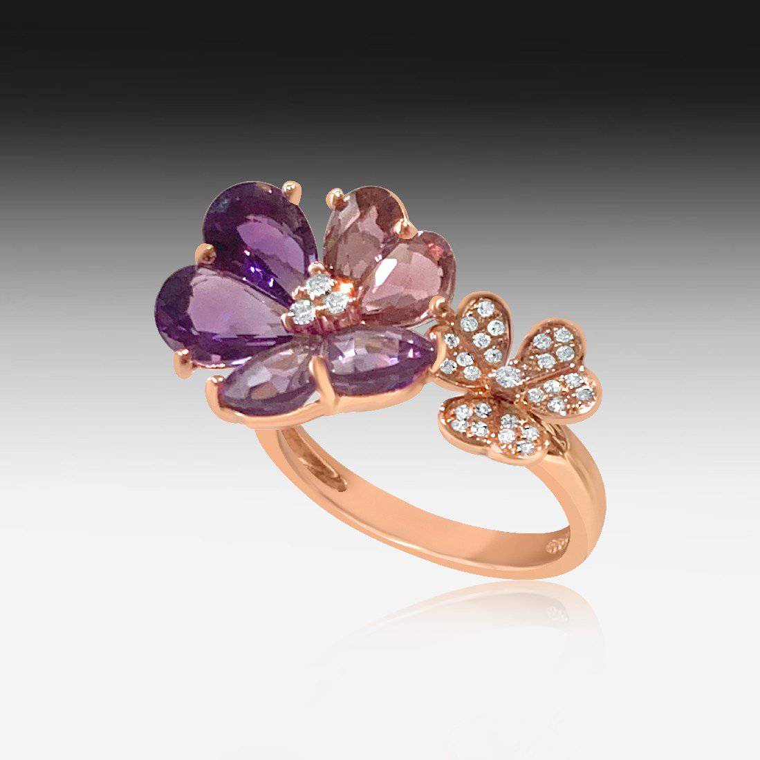 18kt Rose Gold floral design ring with Diamonds, Amehtyst and Pink Tourmaline - Masterpiece Jewellery Opal & Gems Sydney Australia | Online Shop