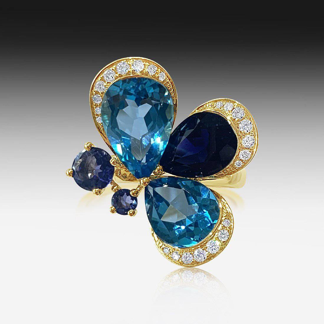 18kt Yellow Gold floral design Blue Topaz and Iolite diamond ring - Masterpiece Jewellery Opal & Gems Sydney Australia | Online Shop