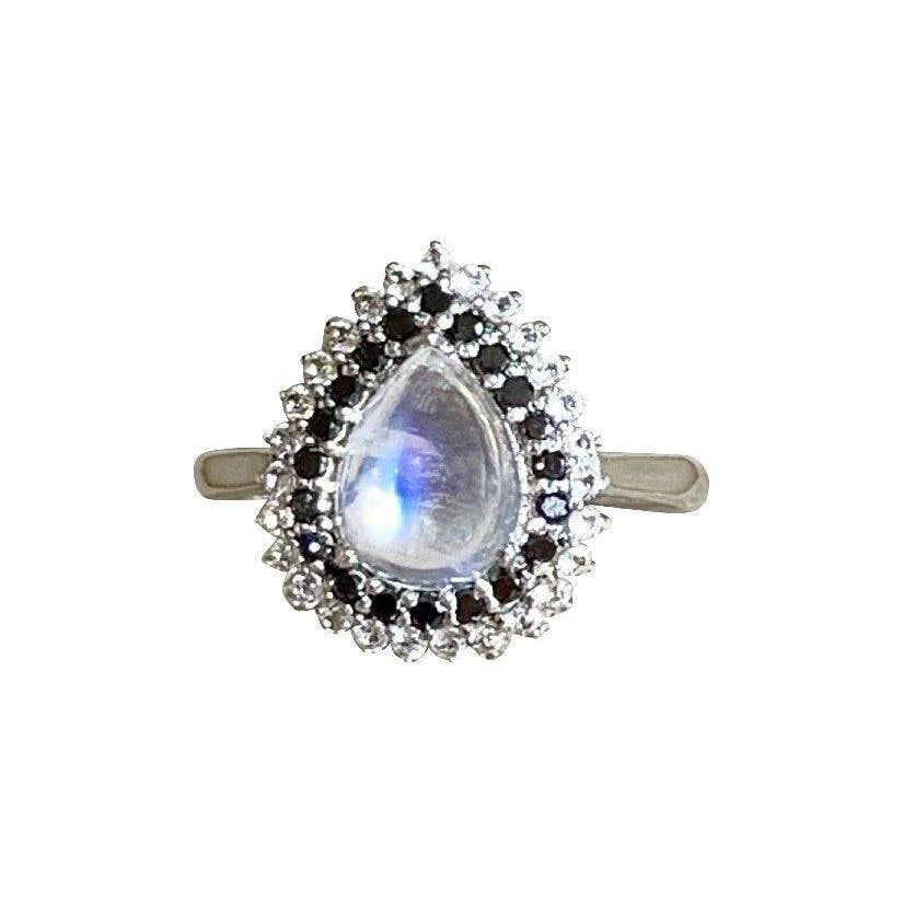 Sterling Silver Moonstone, Black DIamond and White Topaz ring - Masterpiece Jewellery Opal & Gems Sydney Australia | Online Shop