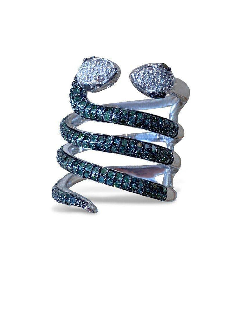 Sterling Silver Snake design ring with White and Green Diamonds - Masterpiece Jewellery Opal & Gems Sydney Australia | Online Shop