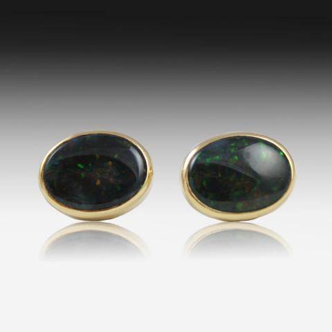 18kt Yellow Gold Black Opal cufflinks - Masterpiece Jewellery Opal & Gems Sydney Australia | Online Shop