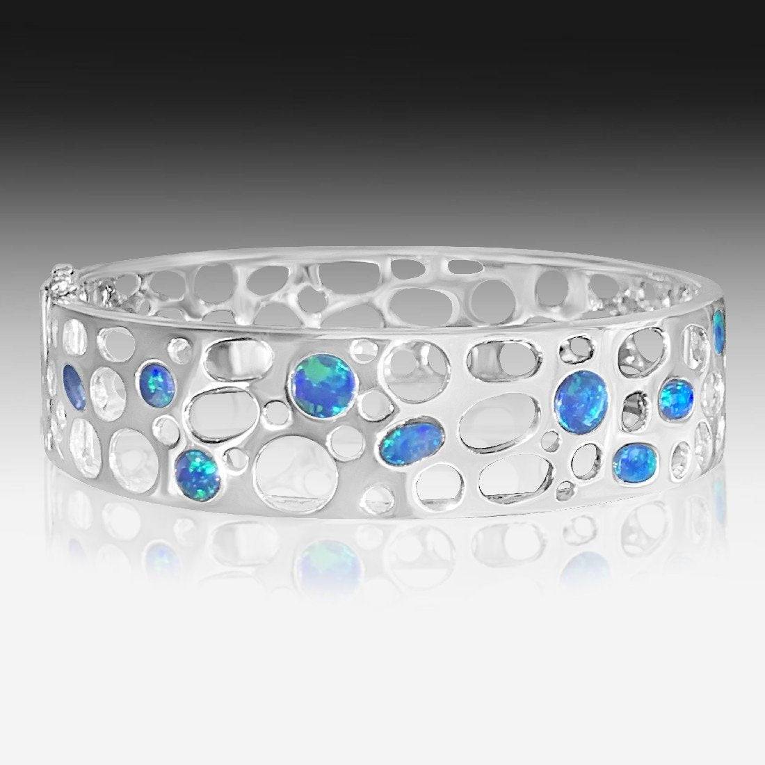 Sterling Silver Bangle with Opals - Masterpiece Jewellery Opal & Gems Sydney Australia | Online Shop