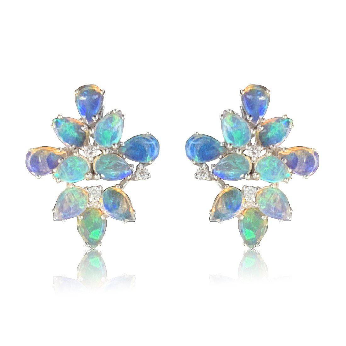 18kt White Gold Opal & Diamond Flower style earrings - Masterpiece Jewellery Opal & Gems Sydney Australia | Online Shop