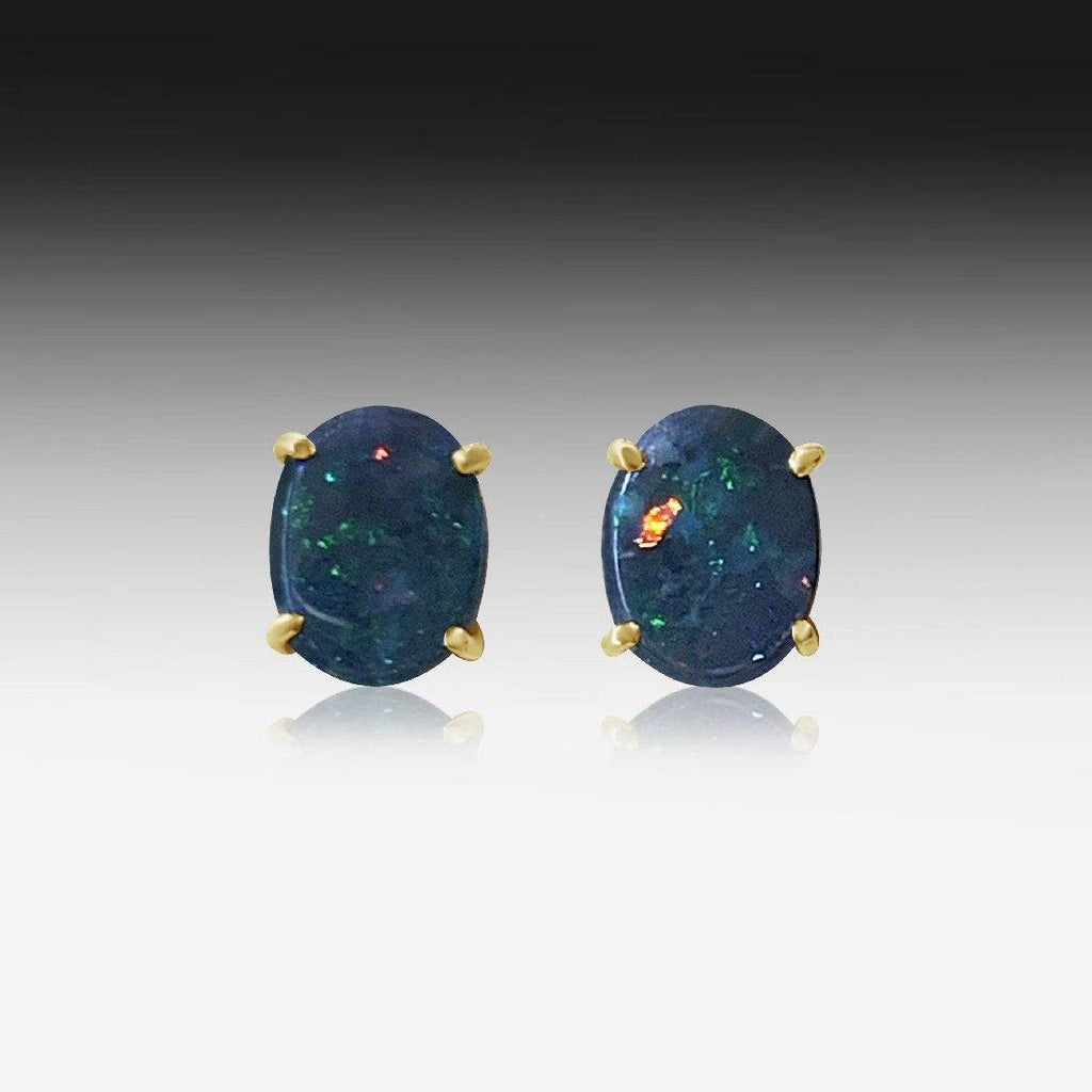 9kt Yellow Gold Black Opal studs - Masterpiece Jewellery Opal & Gems Sydney Australia | Online Shop