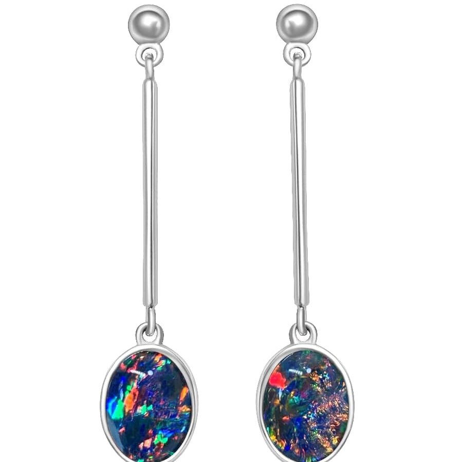 Sterling Silver long drop Australian Opal triplets earrings - Masterpiece Jewellery Opal & Gems Sydney Australia | Online Shop