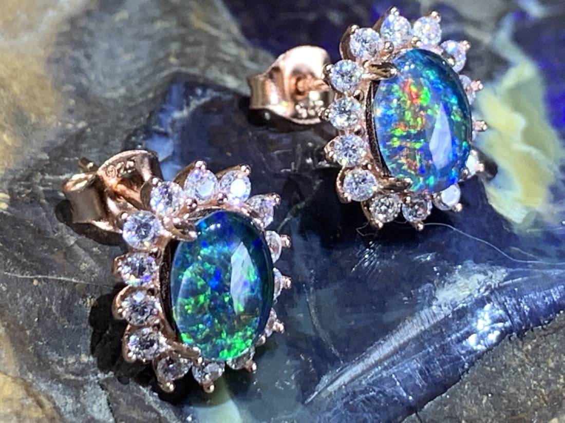 Sterling Silver Rose Gold plated Cluster 8x6mm Opal triplet studs - Masterpiece Jewellery Opal & Gems Sydney Australia | Online Shop