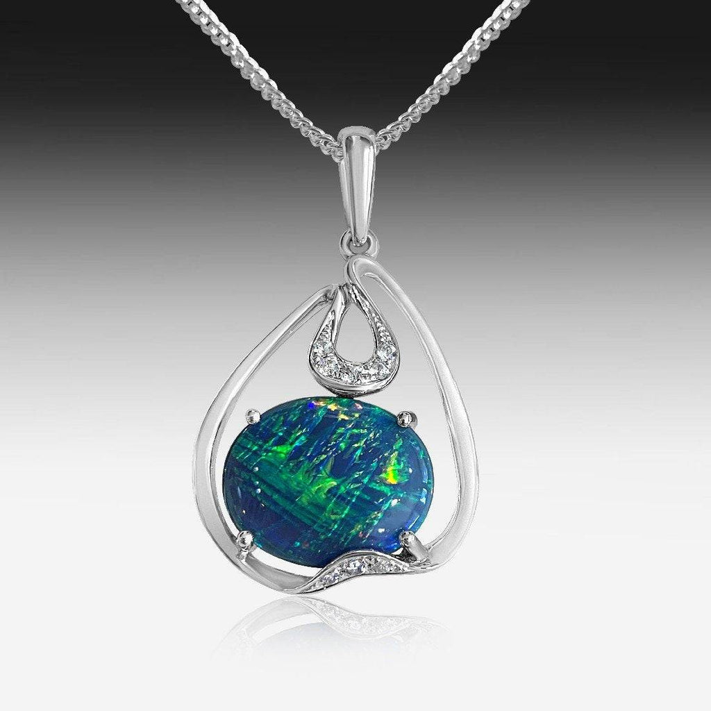 14kt White Gold Black Opal and diamond pendant - Masterpiece Jewellery Opal & Gems Sydney Australia | Online Shop