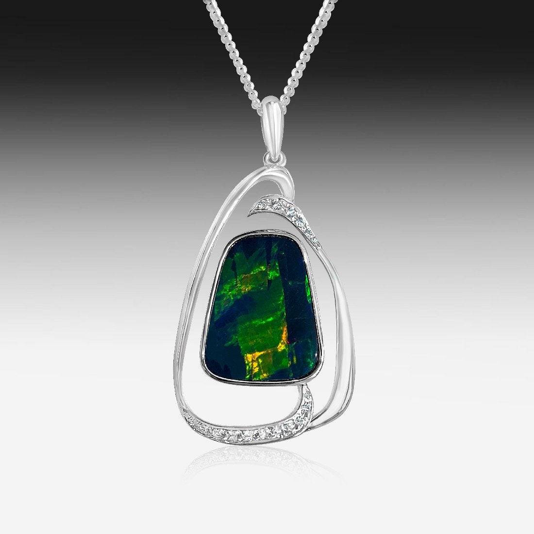 14kt White Gold Opal and Diamond pendant - Masterpiece Jewellery Opal & Gems Sydney Australia | Online Shop