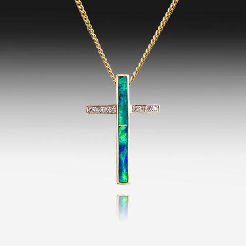 14kt Yellow Gold cross Inlay Opal and Diamond - Masterpiece Jewellery Opal & Gems Sydney Australia | Online Shop