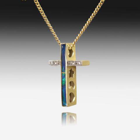 14kt Yellow Gold cross Inlay Opal and Diamond - Masterpiece Jewellery Opal & Gems Sydney Australia | Online Shop