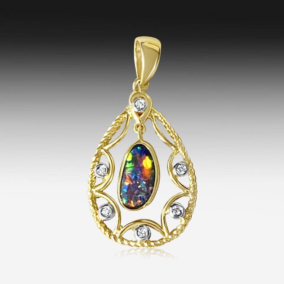 14kt Yellow Gold dangling Opal and Diamond pendant - Masterpiece Jewellery Opal & Gems Sydney Australia | Online Shop