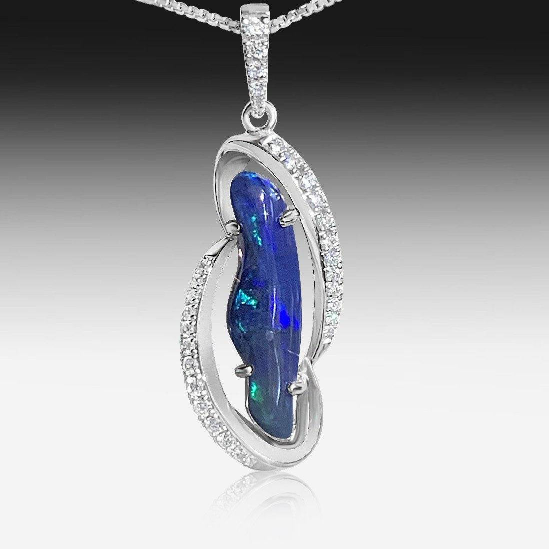 18kt White Gold Black Opal and diamond pendant - Masterpiece Jewellery Opal & Gems Sydney Australia | Online Shop