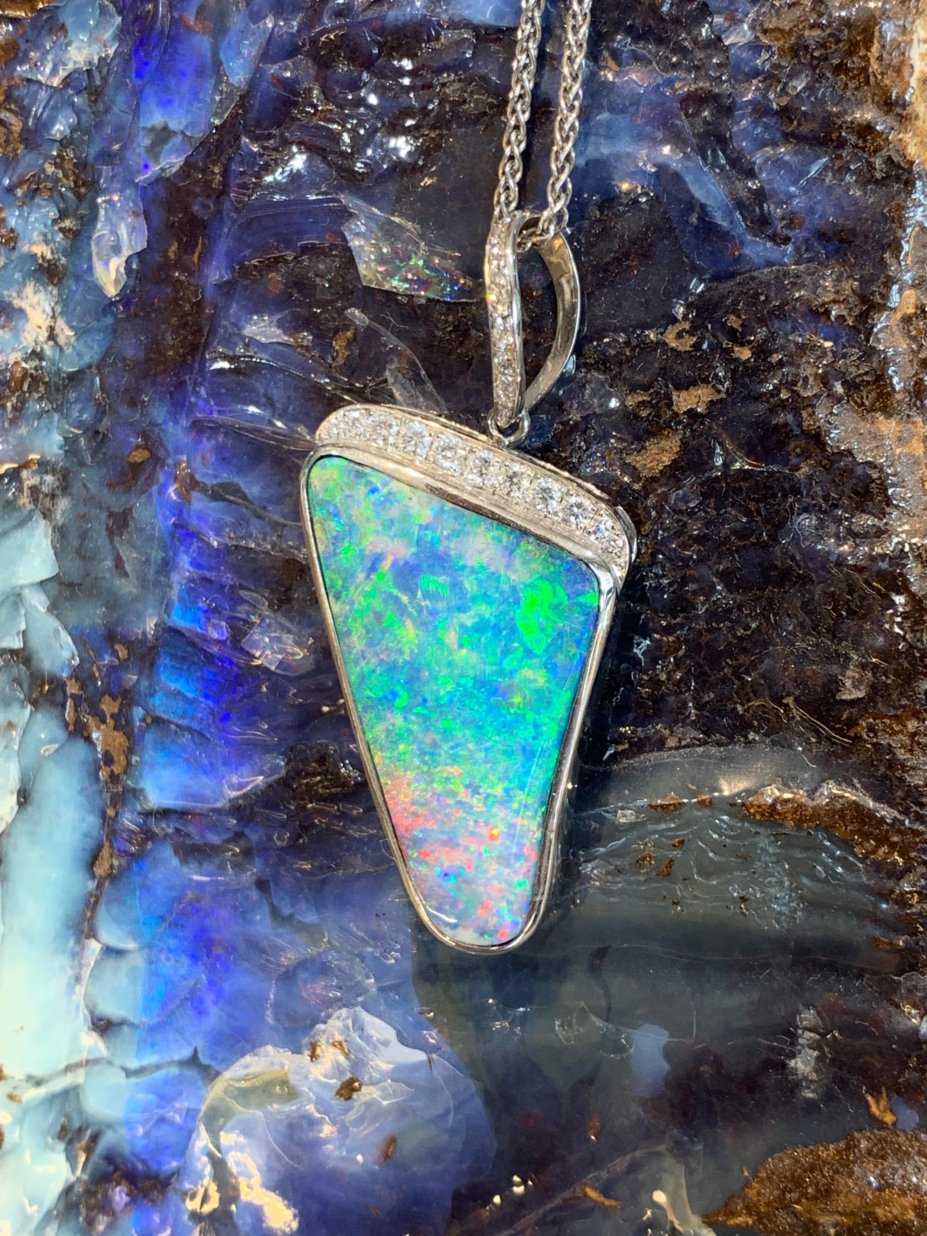 18kt White Gold Boulder Opal and Diamond pendant - Masterpiece Jewellery Opal & Gems Sydney Australia | Online Shop