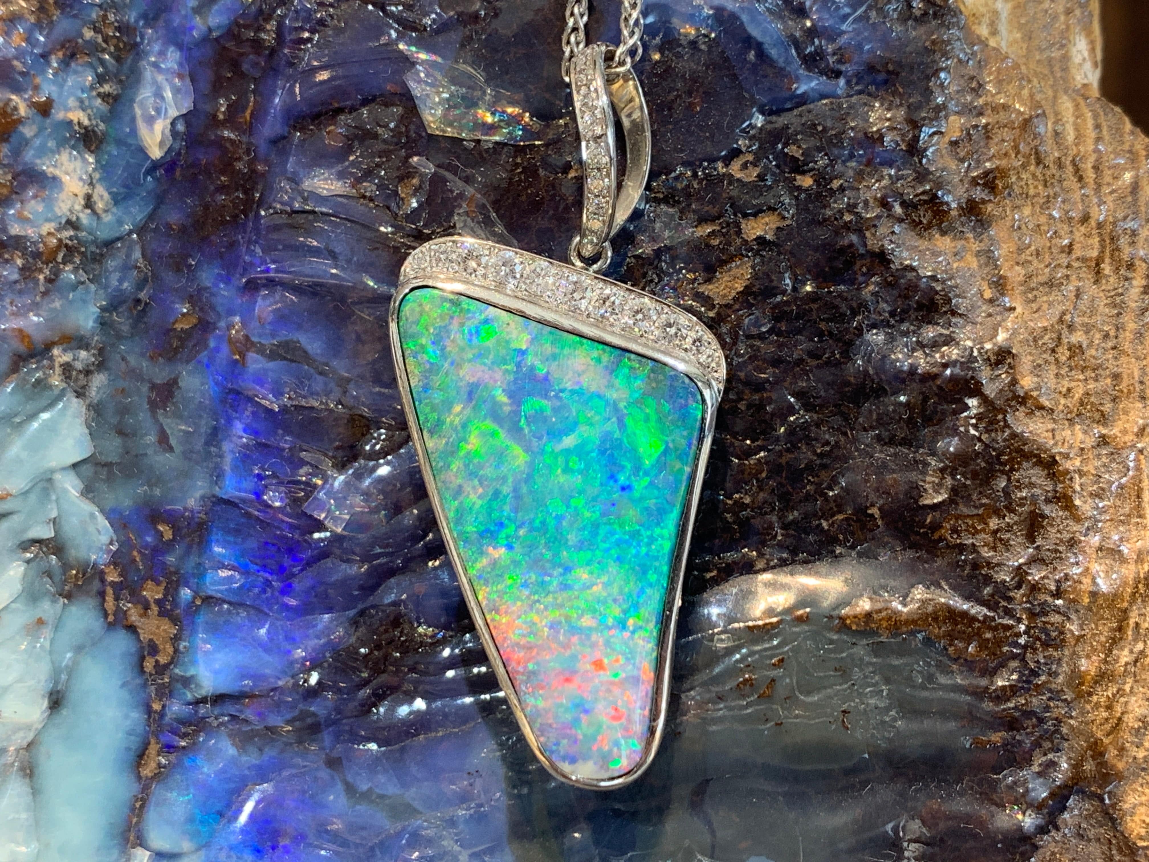 18kt White Gold Boulder Opal and Diamond pendant - Masterpiece Jewellery Opal & Gems Sydney Australia | Online Shop