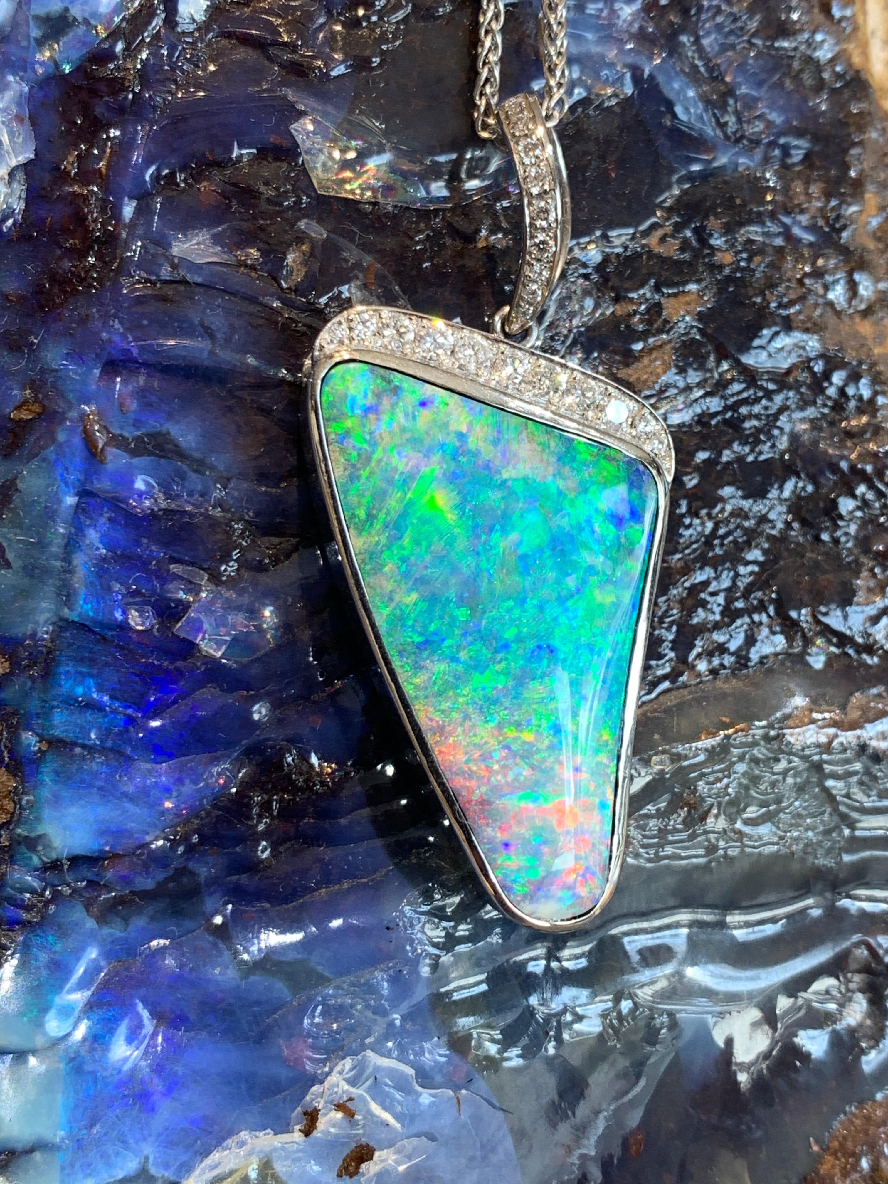 18kt White Gold Boulder Opal and Diamond pendant - Masterpiece Jewellery Opal & Gems Sydney Australia | Online Shop