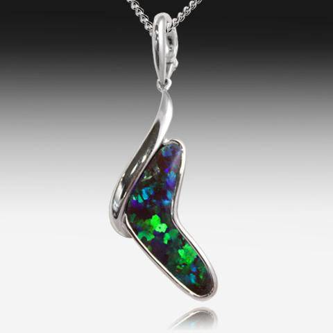 18KT WHITE GOLD BOULDER OPAL BOOMERANG PENDANT - Masterpiece Jewellery Opal & Gems Sydney Australia | Online Shop