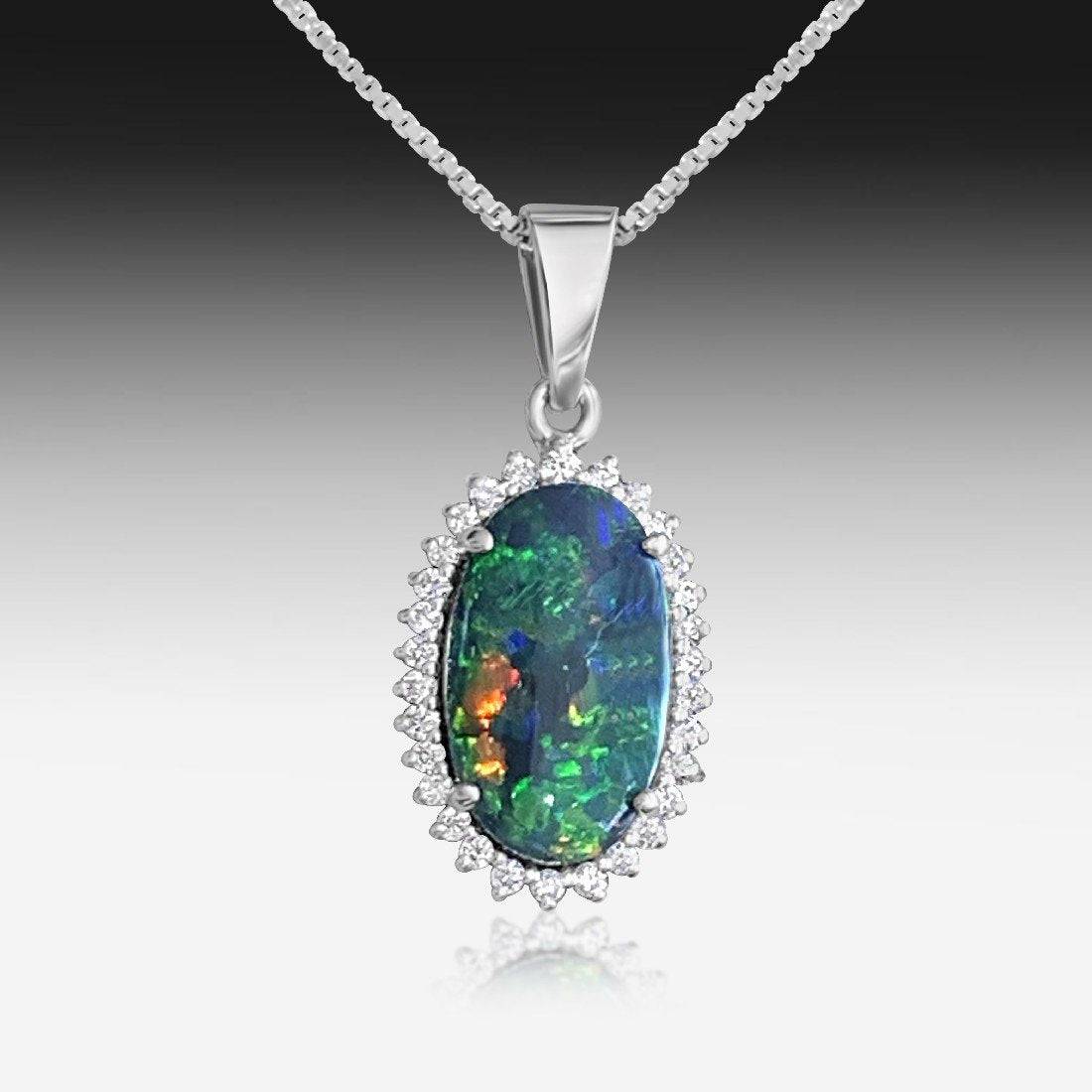18kt White Gold cluster Black Opal and Diamond pendant - Masterpiece Jewellery Opal & Gems Sydney Australia | Online Shop