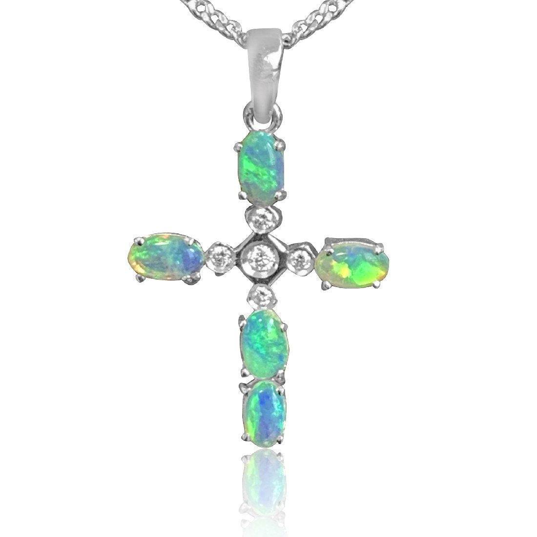 18kt White Gold Opal and Diamond cross pendant - Masterpiece Jewellery Opal & Gems Sydney Australia | Online Shop