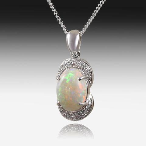 18KT WHITE GOLD OPAL AND DIAMOND PENDANT - Masterpiece Jewellery Opal & Gems Sydney Australia | Online Shop