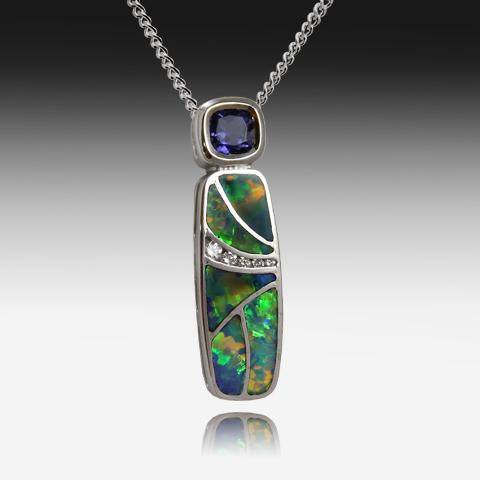 18KT WHITE GOLD OPAL AND IOLITE PENDANT - Masterpiece Jewellery Opal & Gems Sydney Australia | Online Shop