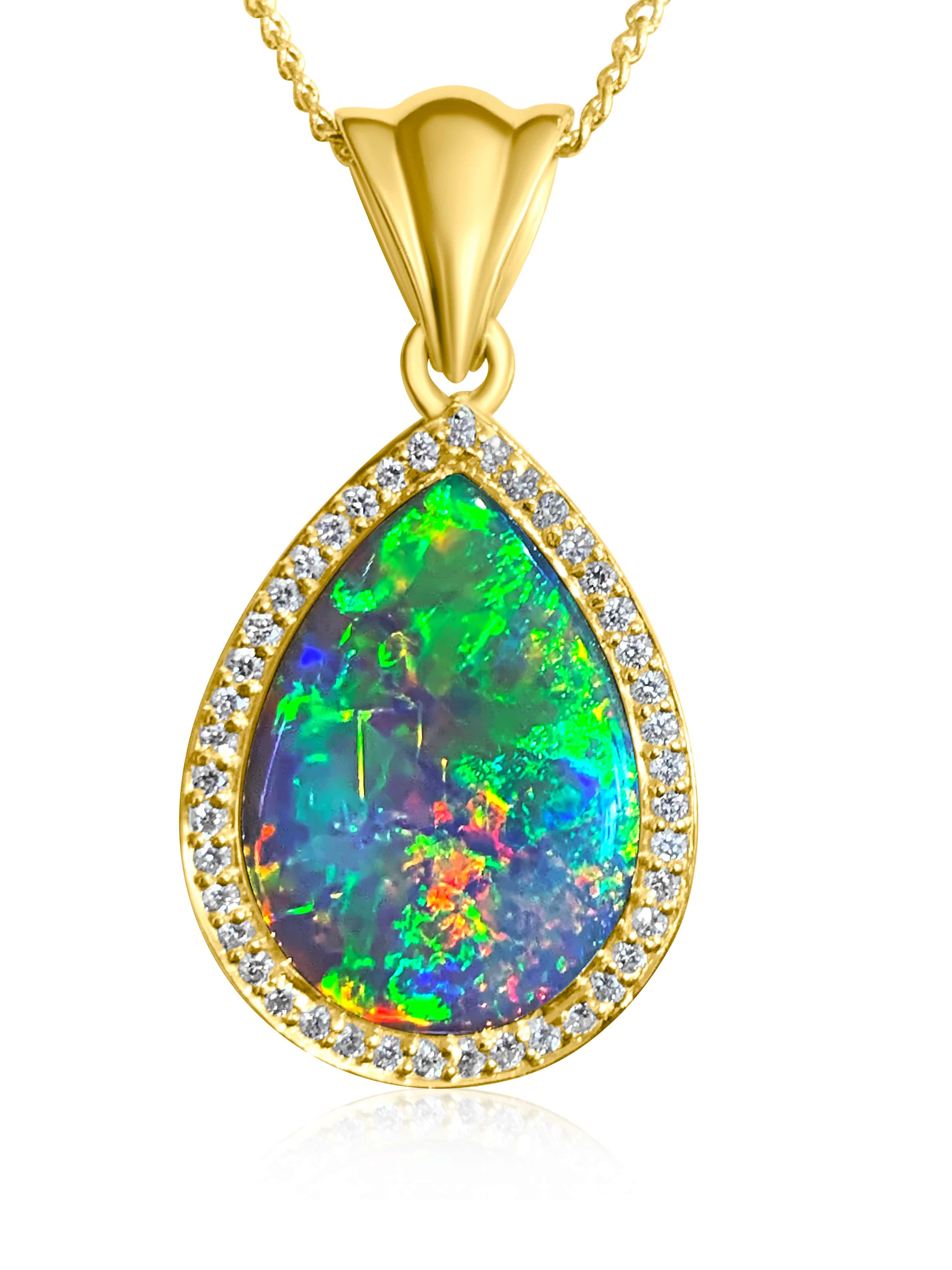 18kt Yellow Gold cluster pendant with Light Opal and Diamonds - Masterpiece Jewellery Opal & Gems Sydney Australia | Online Shop