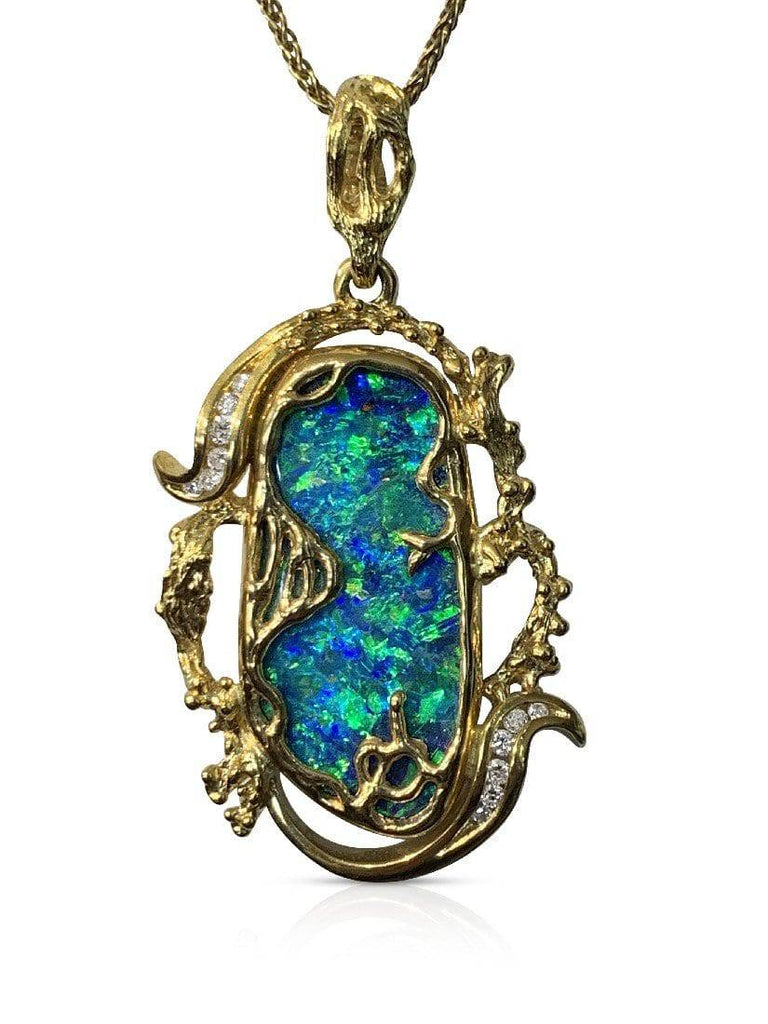 18kt Yellow Gold handmade Boulder Opal and DIamond pendant - Masterpiece Jewellery Opal & Gems Sydney Australia | Online Shop