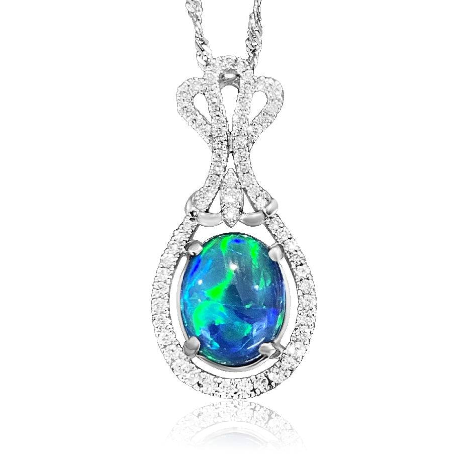 18kt White Gold Black Opal and Diamond Pendant - Masterpiece Jewellery Opal & Gems Sydney Australia | Online Shop