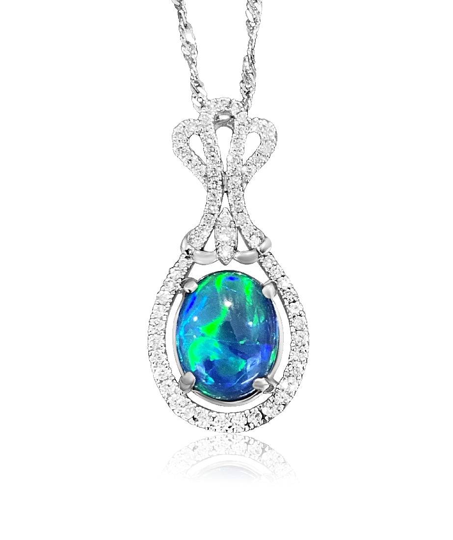 18kt White Gold Black Opal and Diamond Pendant - Masterpiece Jewellery Opal & Gems Sydney Australia | Online Shop