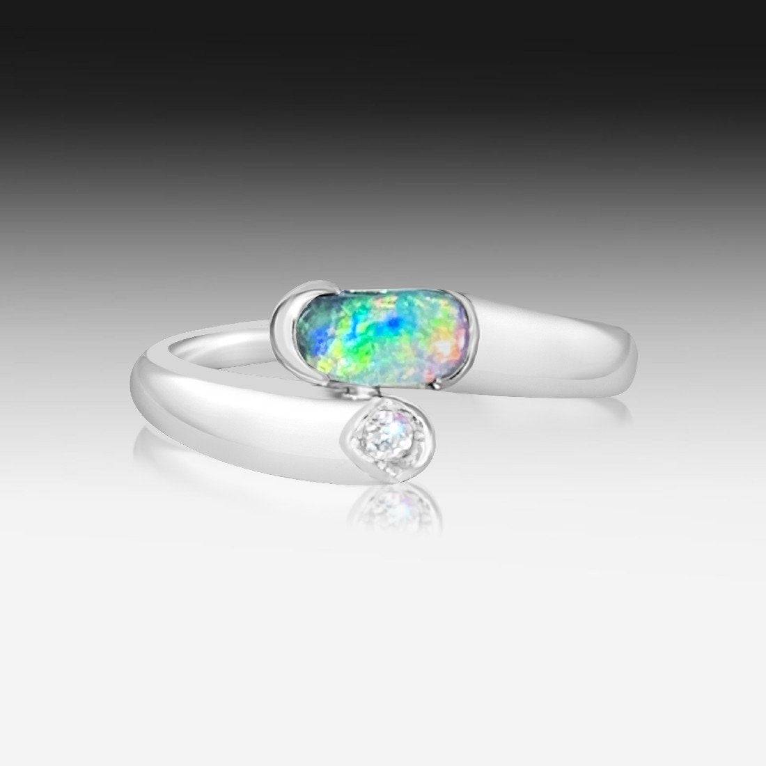 14kt White Gold Black Opal and Diamond split shank ring - Masterpiece Jewellery Opal & Gems Sydney Australia | Online Shop