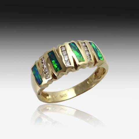 14kt Yellow Gold Opal Inlay 4 row and diamond ring - Masterpiece Jewellery Opal & Gems Sydney Australia | Online Shop