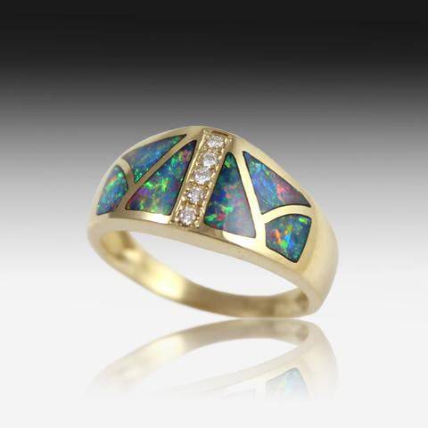 14kt Yellow Gold Opal inlay and DIamond ring - Masterpiece Jewellery Opal & Gems Sydney Australia | Online Shop